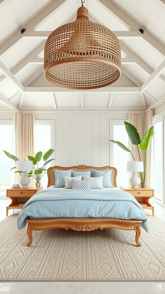 A beautifully designed master bedroom featuring a blue bed, wooden furniture, and large windows with natural light.