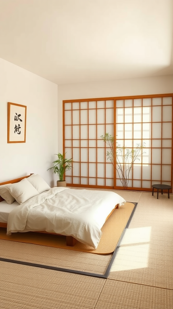 A serene Japanese-inspired bedroom featuring a low bed with white bedding, tatami mat flooring, and shoji screens.