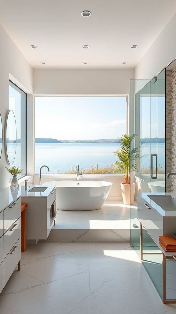 Modern bathroom with a lake view featuring a freestanding bathtub and large windows