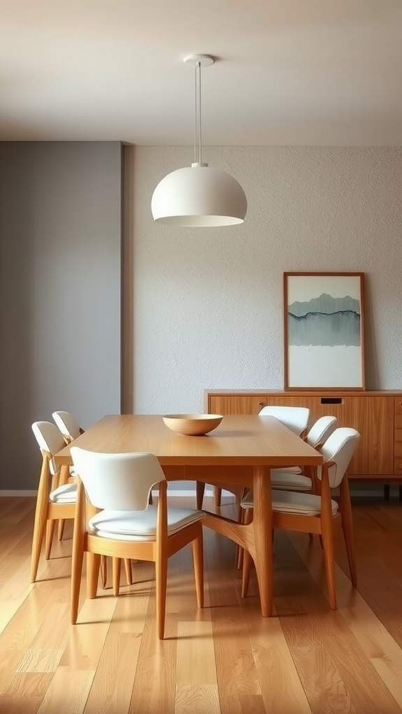 A mid-century modern dining room featuring a wooden table with white chairs, a pendant light, and artwork on the wall.