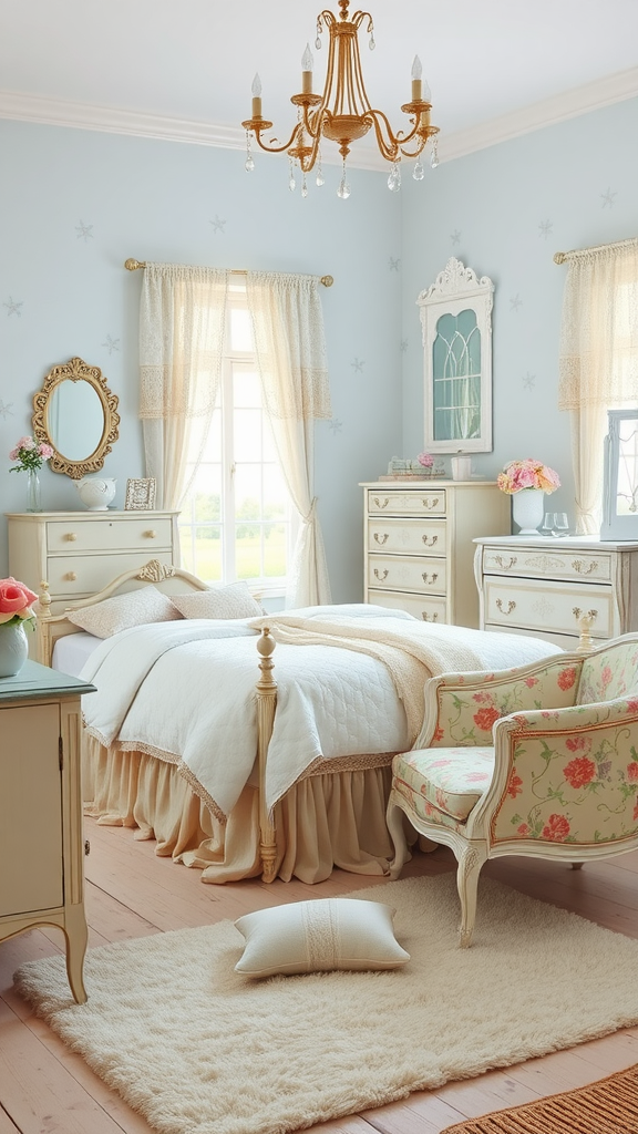 A shabby chic bedroom featuring soft pastel colors and vintage furniture.