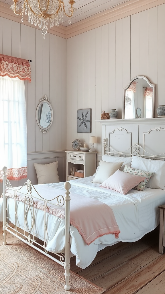 A shabby chic coastal bedroom featuring a white bed, pink throw, vintage mirrors, and natural decor.