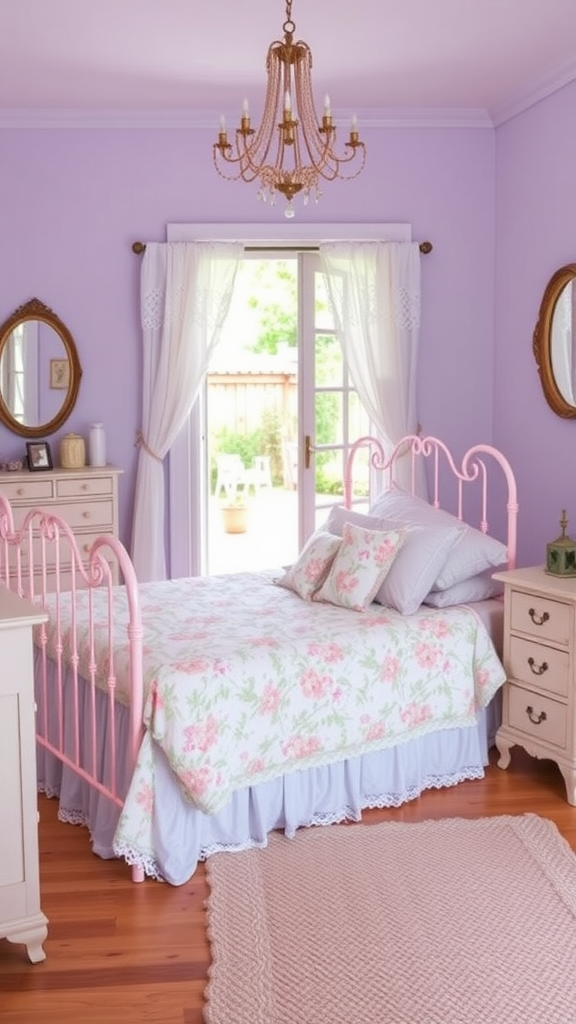 Shabby chic bedroom with lavender walls, pink metal bed, floral bedding, and large windows