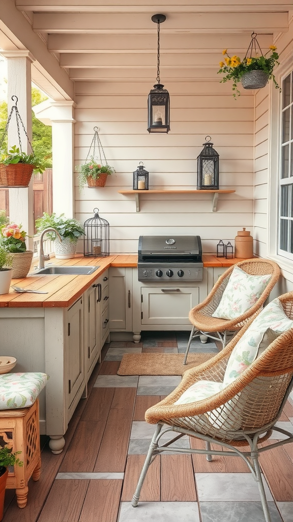 A cozy shabby chic outdoor kitchen patio featuring a grill, wooden countertop, wicker chairs, and hanging plants.