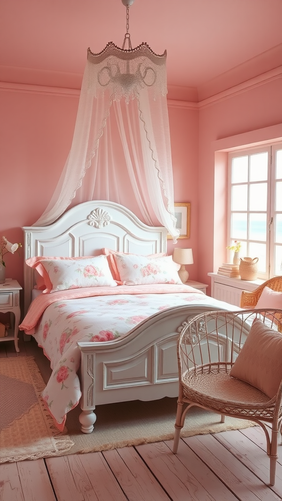 A cozy shabby chic pink coastal bedroom featuring a floral bedspread, a rattan chair, and a soft pink color scheme.