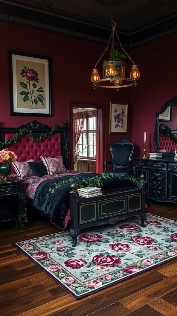 A dark, elegant bedroom featuring burgundy walls, floral decor, and a plush rose-patterned rug