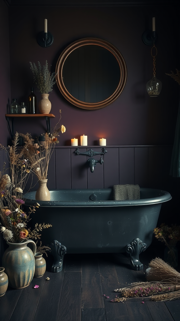 A dark cottagecore bathroom featuring a vintage clawfoot tub surrounded by dried wildflowers, candles, and rustic decor.