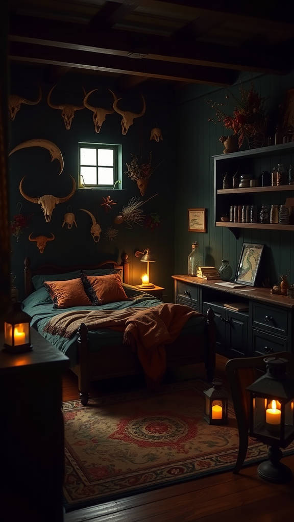 A cozy dark-themed bedroom with rustic decor, featuring a bed, warm lights, and nature-inspired elements.