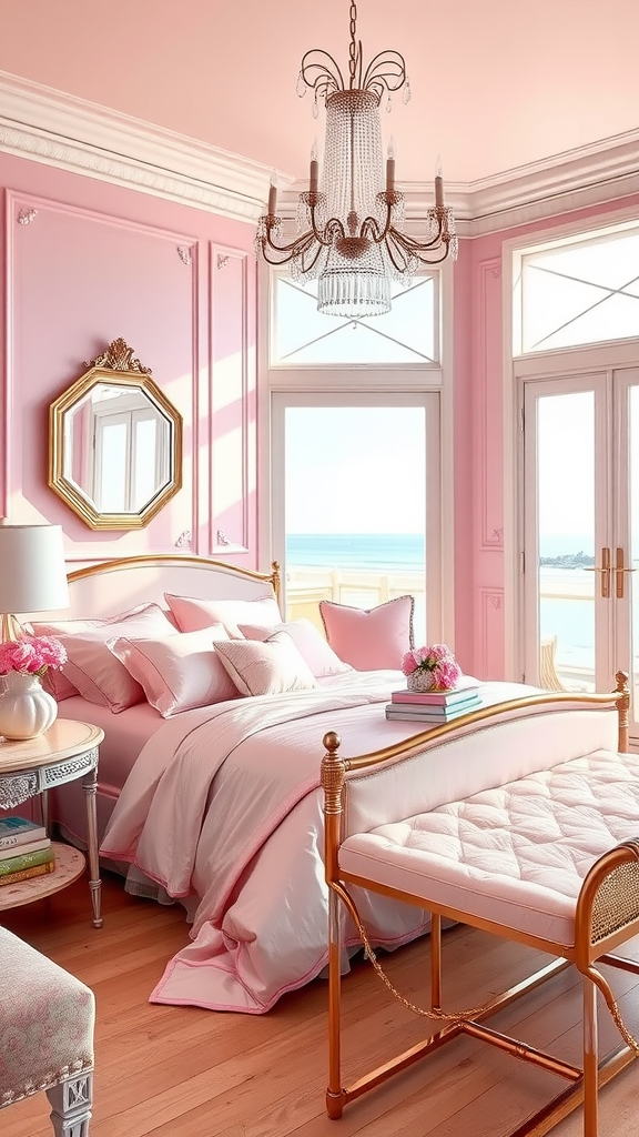 A beautifully decorated coastal bedroom with pink walls, elegant chandelier, and a view of the ocean.