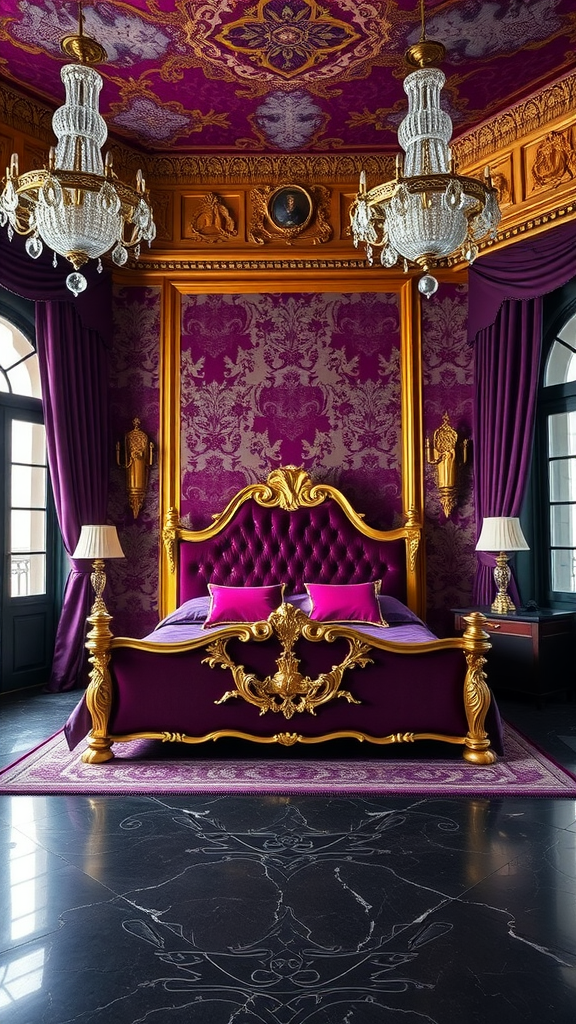 Luxurious Sicilian Palazzo bedroom with purple walls, ornate bed, and chandeliers