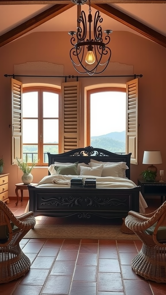 A tranquil Sicilian bedroom featuring a black wooden bed, large windows with shutters, wicker chairs, and terracotta floor tiles.