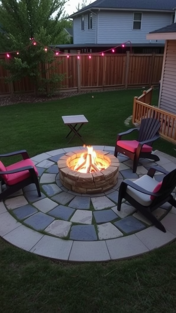 A backyard fire pit made of stones with chairs surrounding it, featuring a small table in the center.