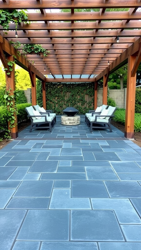 A slate paver patio featuring a wooden pergola with seating and a fire pit.