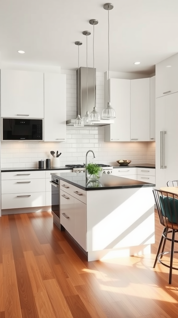 A sleek and minimalist mid-century modern kitchen featuring white cabinetry, black countertops, and pendant lighting.