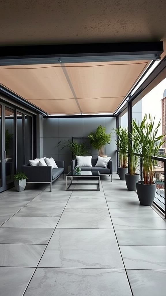 Modern covered patio with sleek furniture and plants on a city balcony.