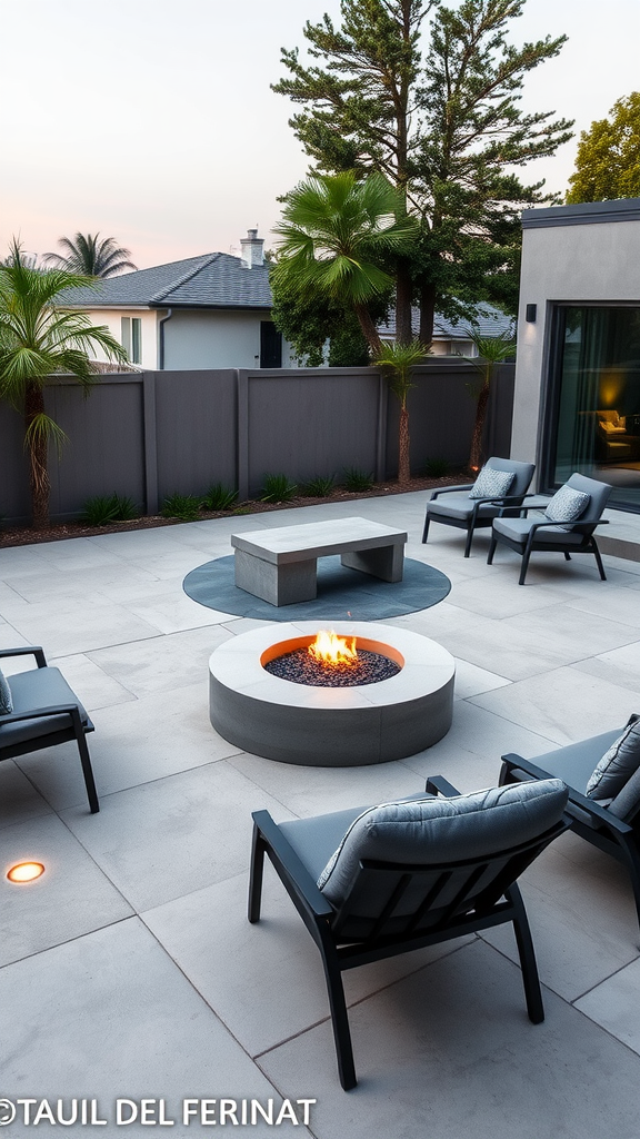 Modern concrete patio featuring a fire pit and comfortable seating area.