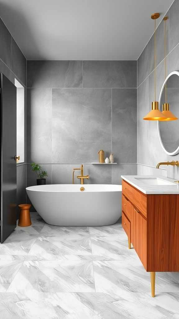 Modern bathroom with gray tiles, brass fixtures, and wooden vanity