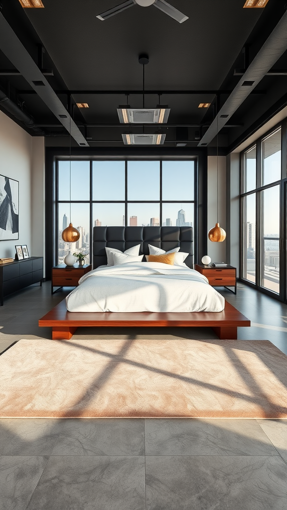 A sleek luxury urban loft bedroom with large windows, a low-profile wooden bed, and contemporary decor.