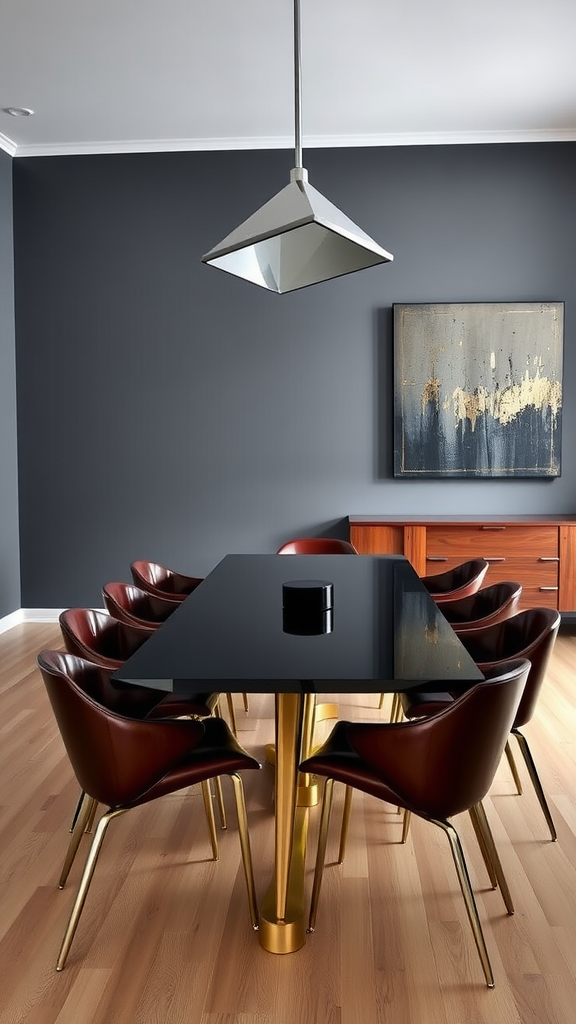 Sleek dining room with black table and golden accents, brown chairs, and dark navy walls