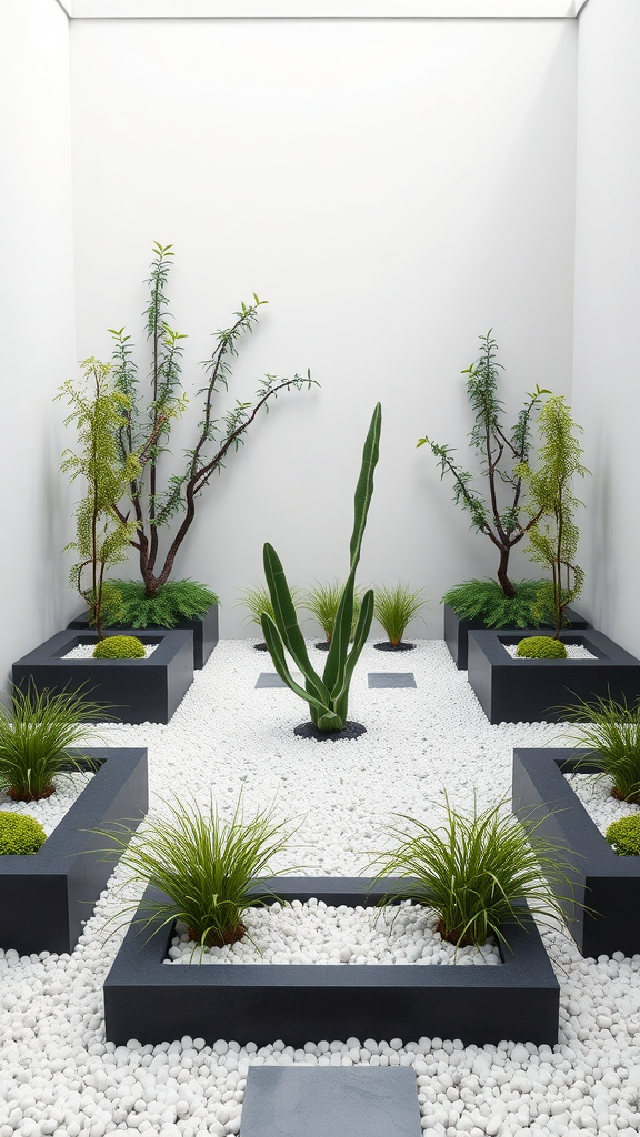 A sleek minimalist garden featuring geometric planters, white gravel, and a variety of greenery.