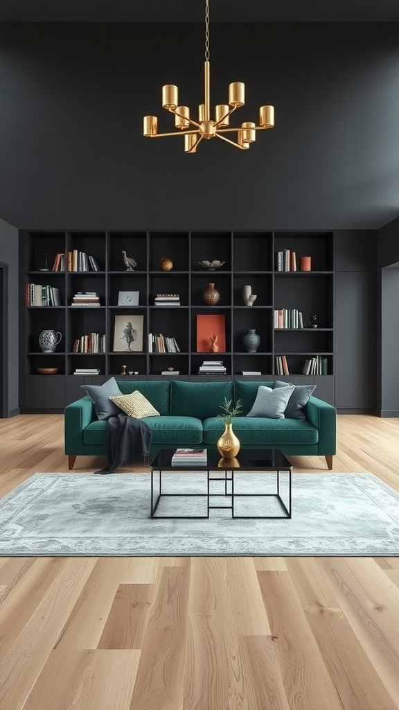 A sleek mid-century modern living room featuring a teal sofa, geometric coffee table, and dark walls with a bookshelf in the background.