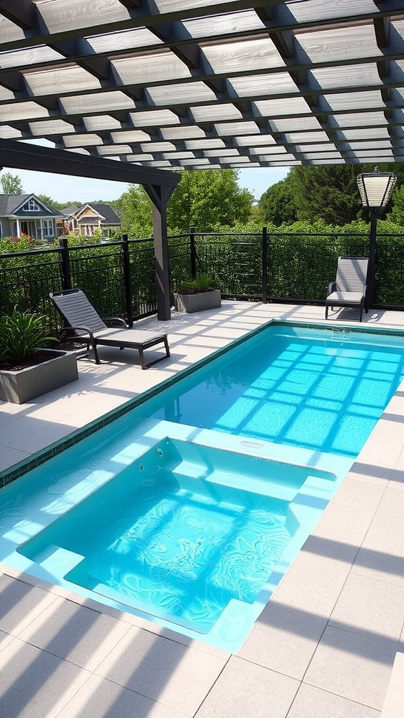 A small plunge pool and spa combo in a cozy backyard setting with a pergola and lounge chairs.