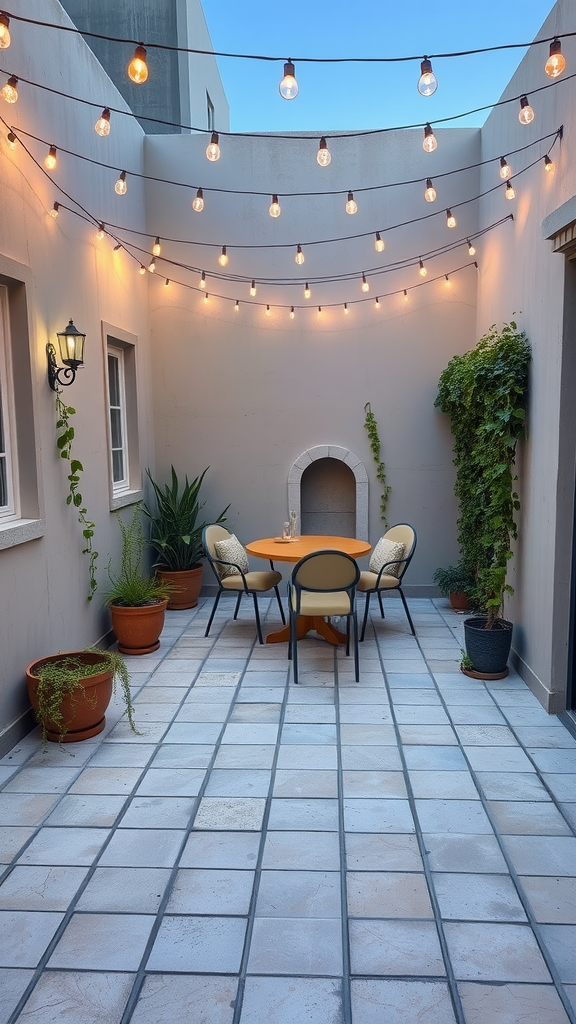 Cozy small concrete patio with outdoor dining area, featuring string lights and potted plants.