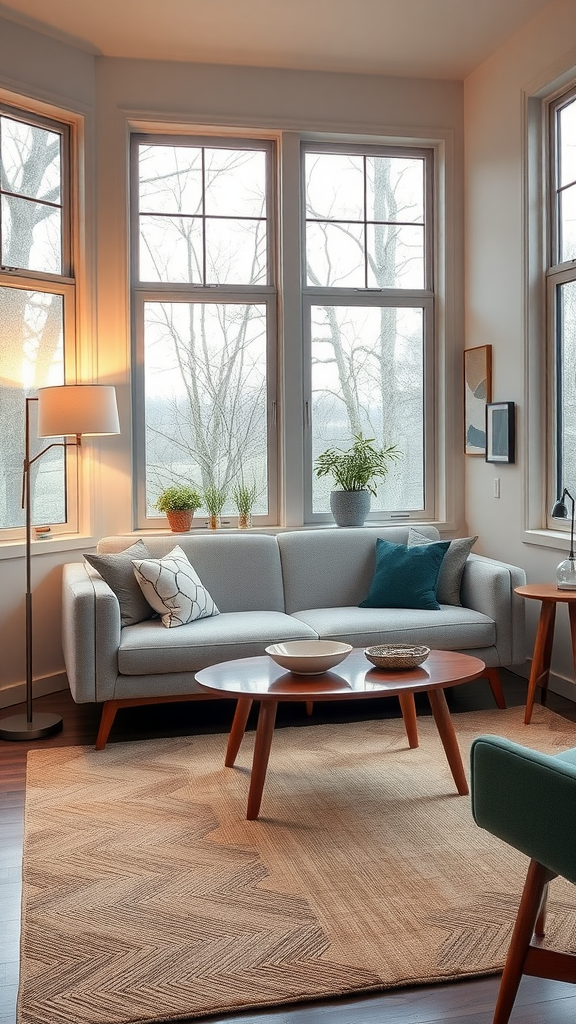 A cozy mid-century modern living room with large windows, a light gray sofa, and a round coffee table.