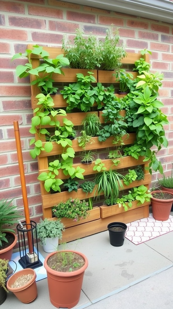 A vertical garden wall made of wood filled with various green plants, set against a brick wall