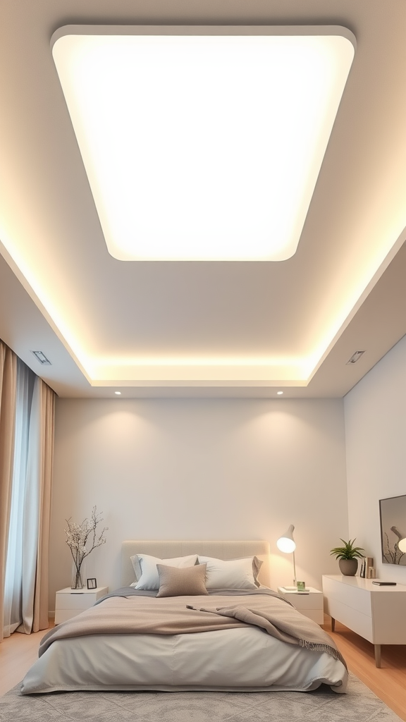 A modern bedroom featuring a smart LED ceiling light panel that provides soft illumination.