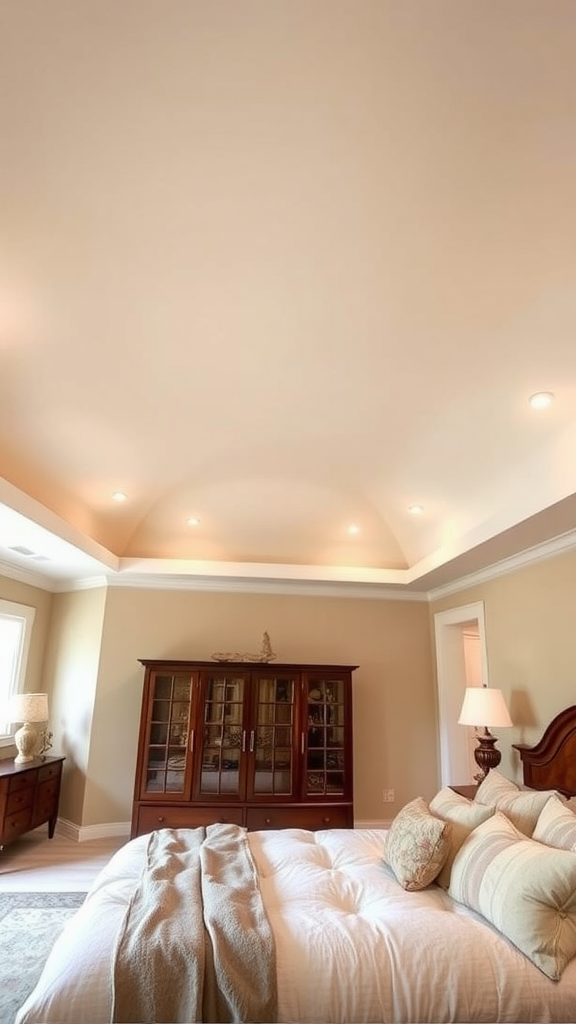 Smooth plaster ceiling with soft curves and recessed lighting in a cozy living space.