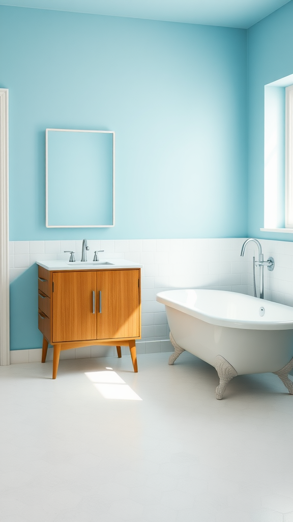 A mid-century modern bathroom featuring soft blue walls, a wooden vanity, and a freestanding bathtub.