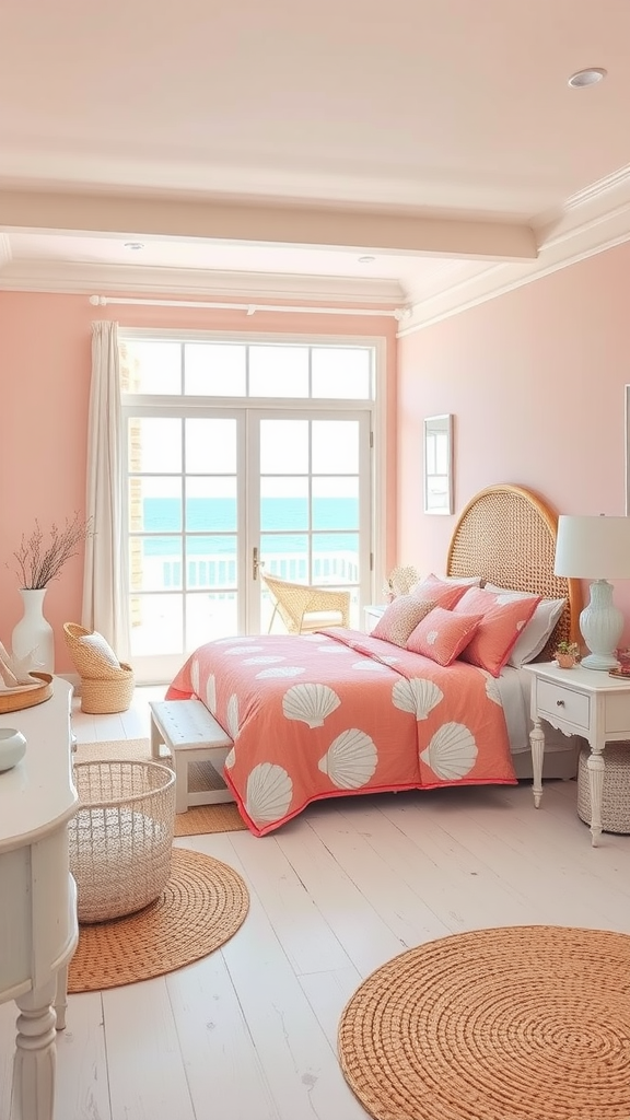 A coastal bedroom with coral walls, shell-patterned bedding, and natural textures.