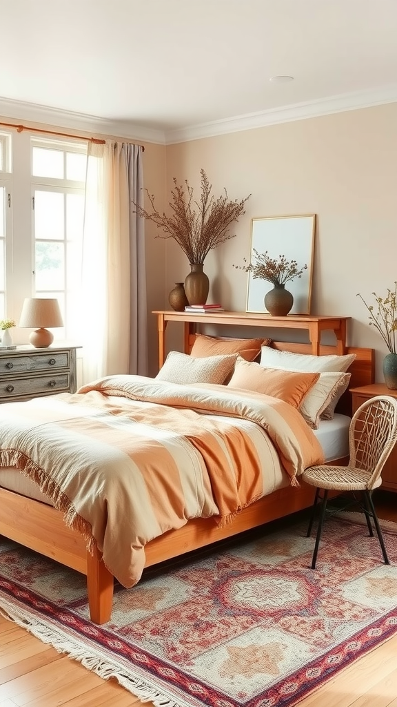 Modern French country bedroom with soft earth tones featuring a wooden bed, orange and cream blanket, and decorative vases.