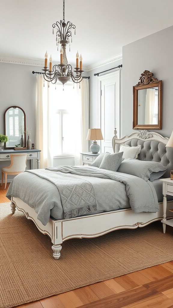 A modern French country bedroom featuring soft gray tones, elegant furniture, and warm wooden flooring.