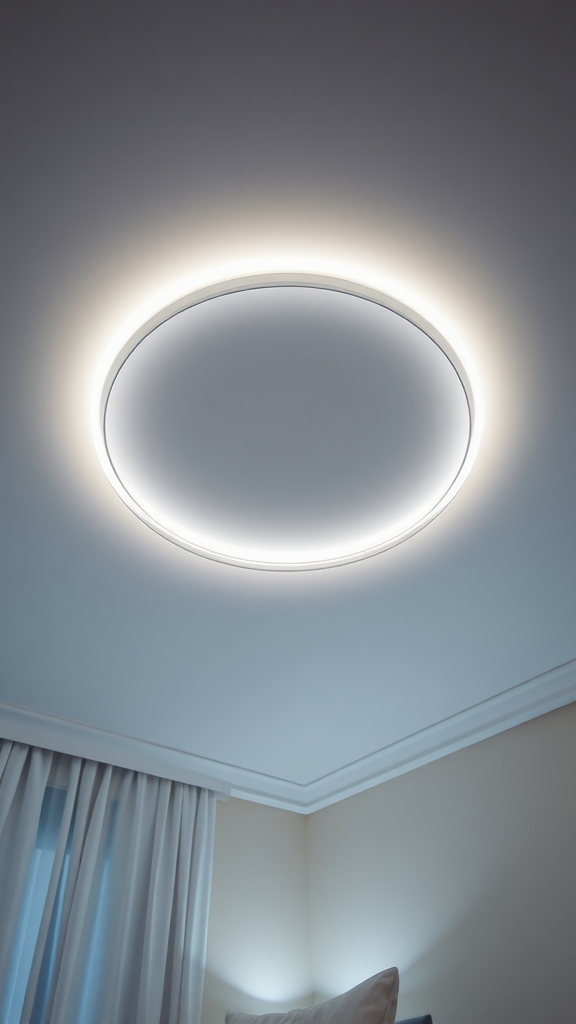 Soft halo LED ceiling light in a bedroom setting