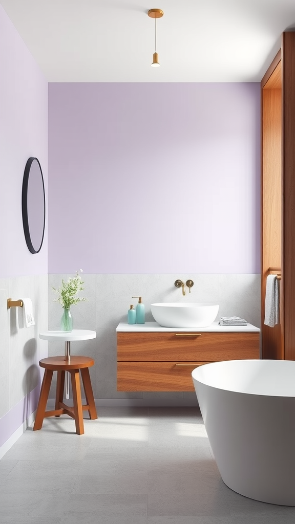 A modern bathroom featuring soft lavender walls, walnut cabinets, a freestanding bathtub, and stylish decor.