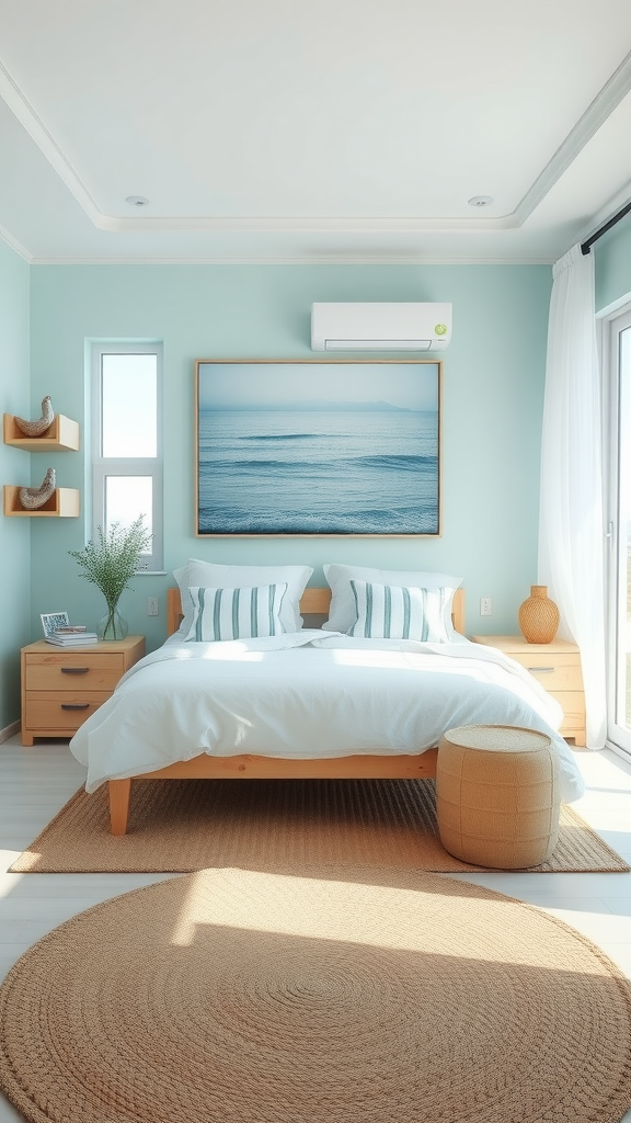 A coastal aesthetic bedroom with blue walls, a wooden bed, striped pillows, and ocean-themed artwork.