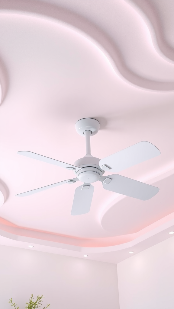 A soft pastel ceiling design with a white ceiling fan in a modern bedroom.