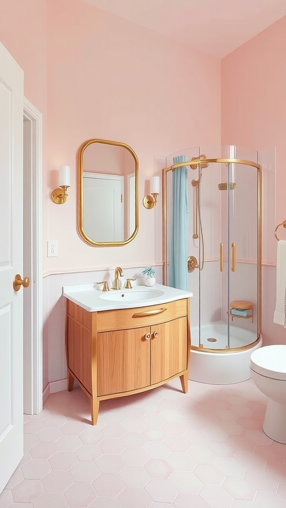 A soft pink bathroom with brass fixtures and a wooden vanity, featuring a glass shower enclosure and hexagonal floor tiles.