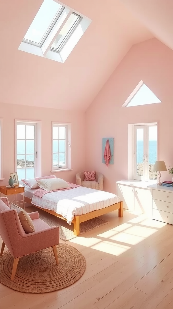 Coastal bedroom with soft pink walls, skylights, and a view of the ocean