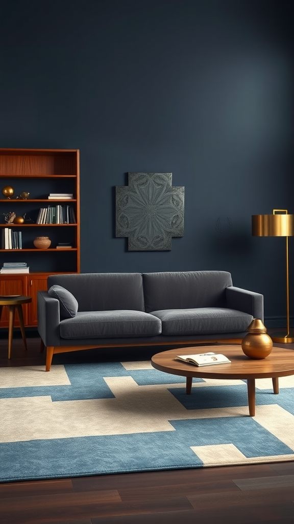 A sophisticated mid-century modern living room featuring a grey sofa, dark blue walls, and dark wood furniture.