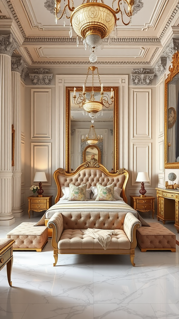 Luxurious neoclassical master bedroom with tufted bed, elegant chandelier, and ornate decor.