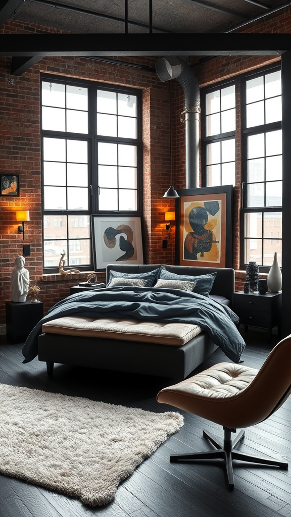 An urban loft bedroom featuring brick walls, large windows, a stylish bed, and artistic decor.