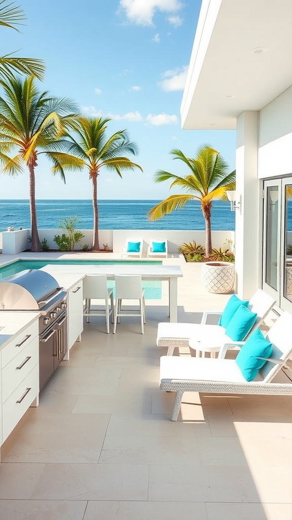 A modern outdoor kitchen patio with a grill, lounge chairs, and a view of the ocean and palm trees.