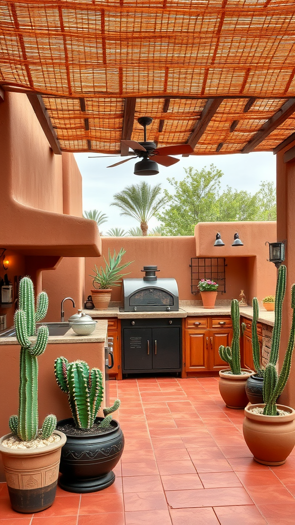 Southwestern outdoor kitchen patio with terracotta tiles, cacti, and modern grill