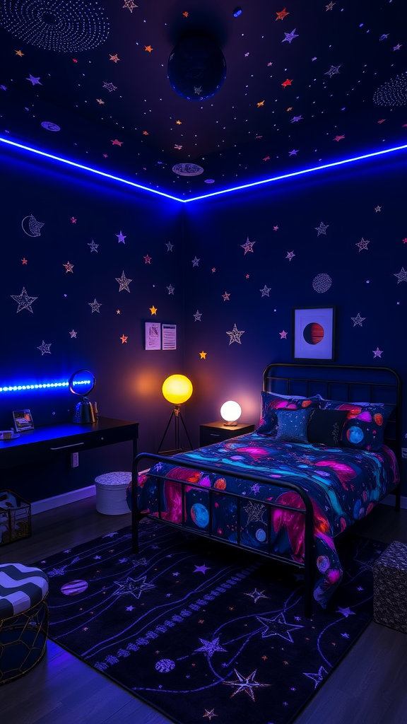 A cozy teenage girl's bedroom with a space theme, featuring blue walls, starry ceiling, galaxy-themed bedding, and ambient lighting.