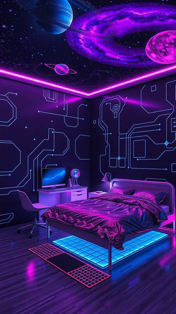 A futuristic teen bedroom featuring galaxy-themed decor, glowing lights, and a modern design.