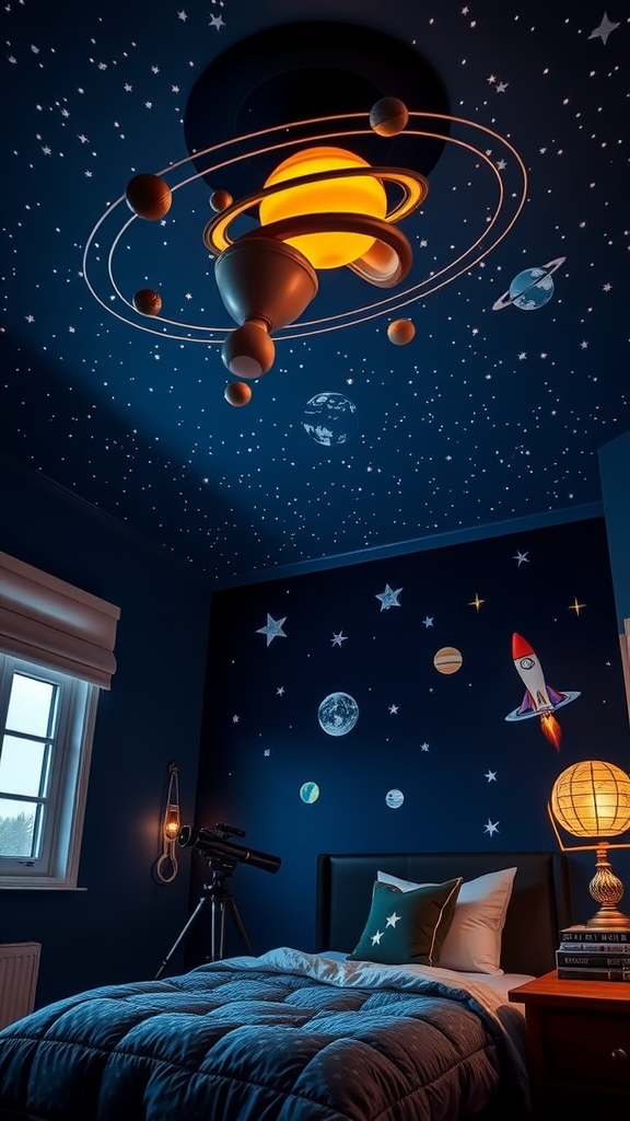 A cozy teen bedroom with a dark blue theme, featuring a planet-themed ceiling light, starry wall decorations, and a telescope.