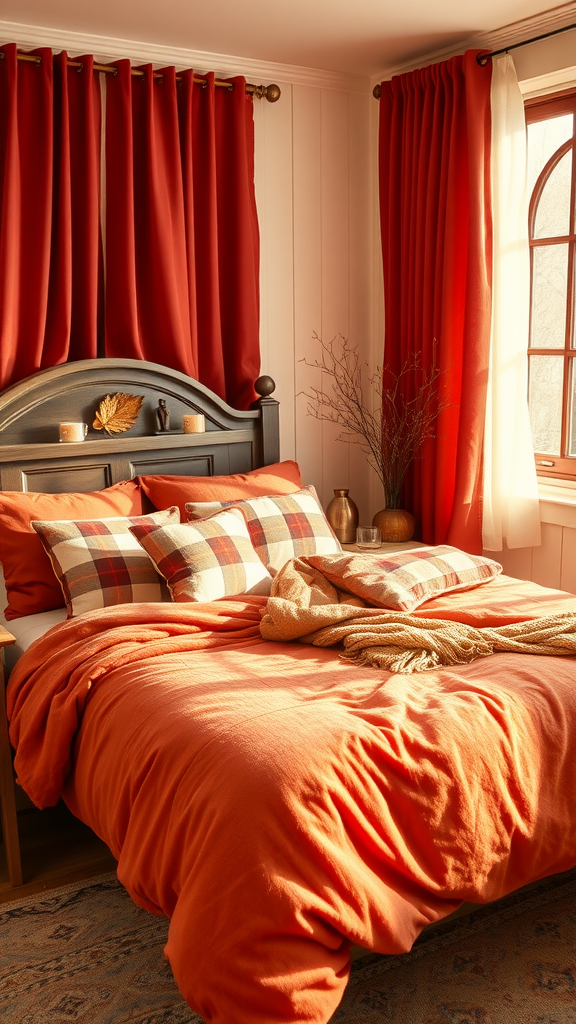 A cozy fall-themed bedroom with orange bedding, red curtains, and rustic decor.